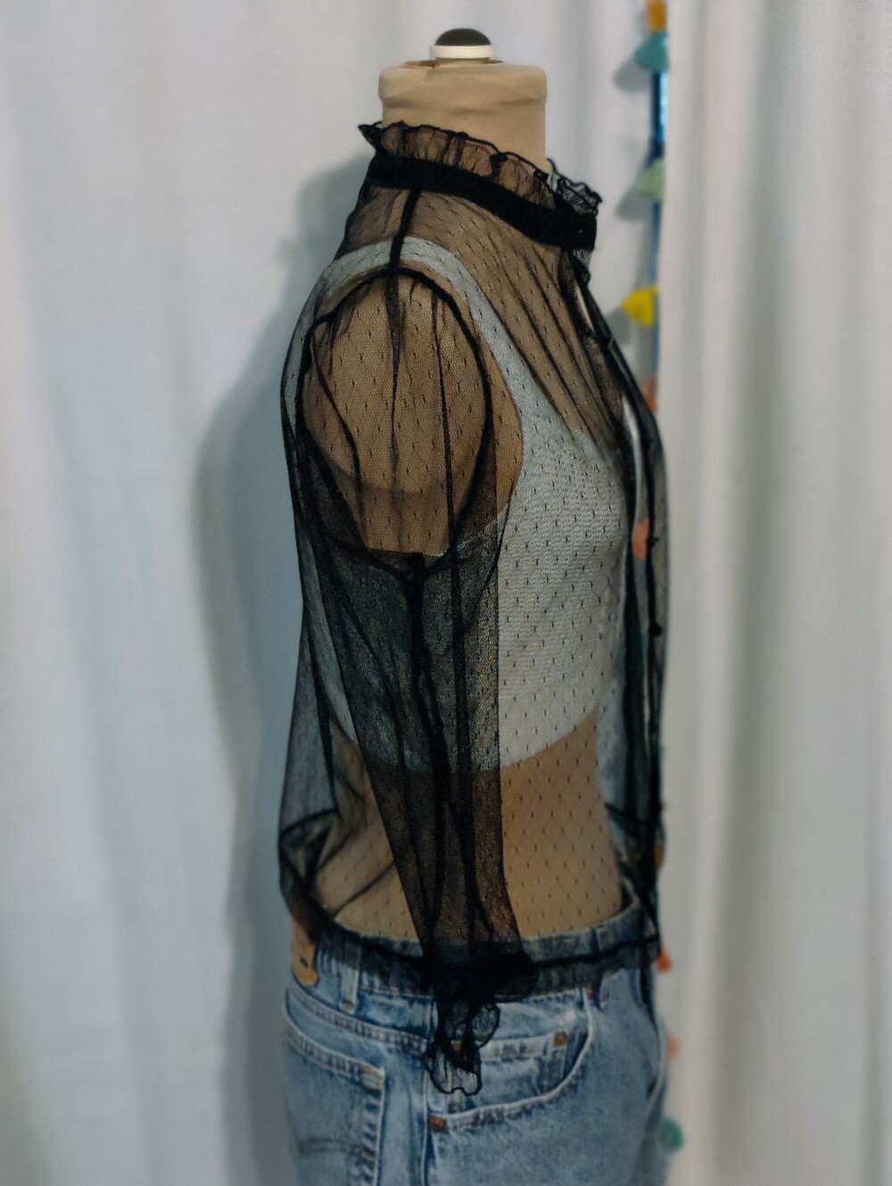 Iconic 90s Sheer Dark Academia Ruffle Grunge Layering Blouse Vintage Minimalist - Picture 6 of 6